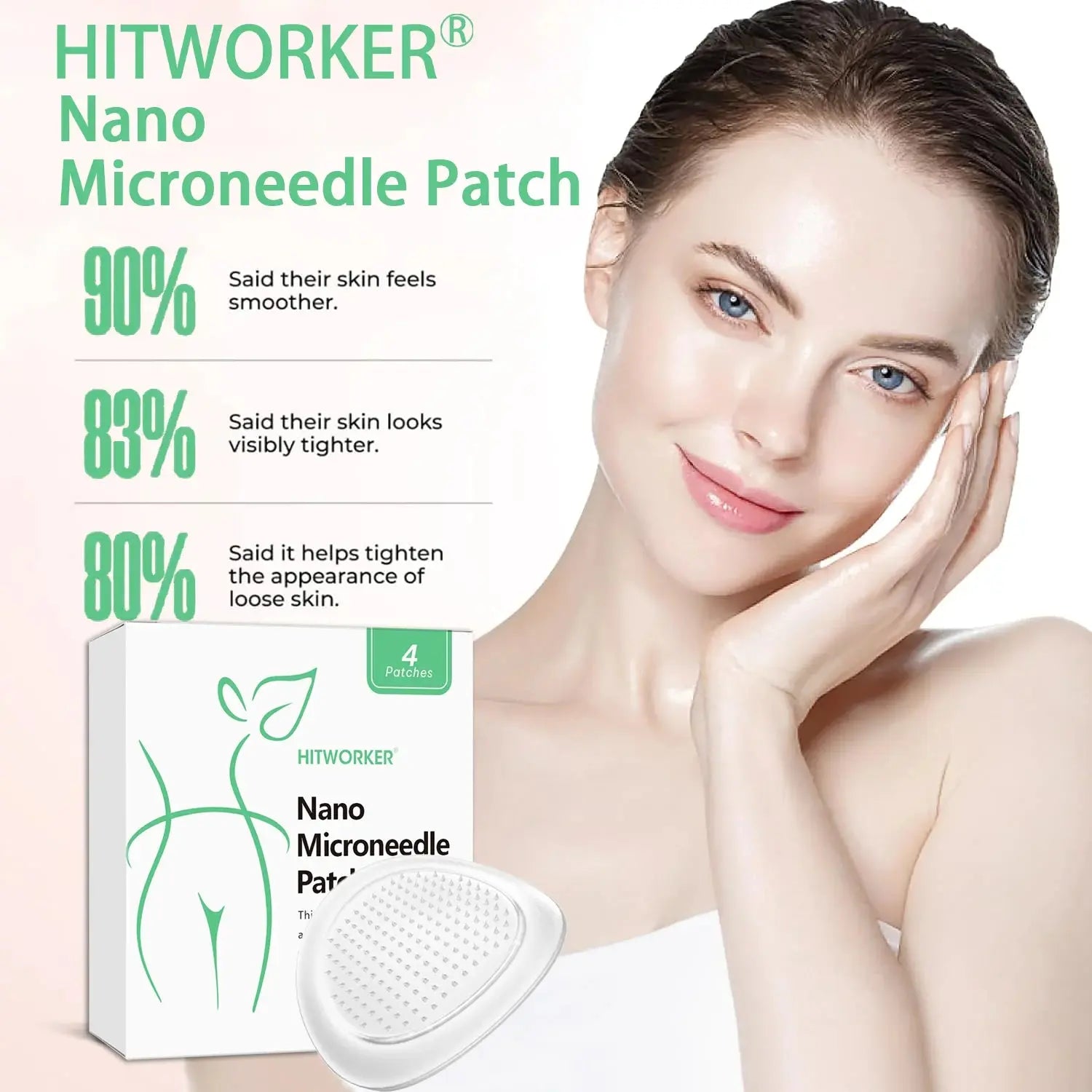 Nano microneedle patch box with a white triangular patch and model skincare