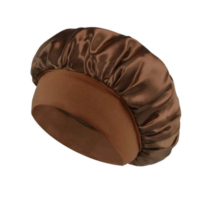 Brown satin sleep bonnet with wide brim and elastic band.