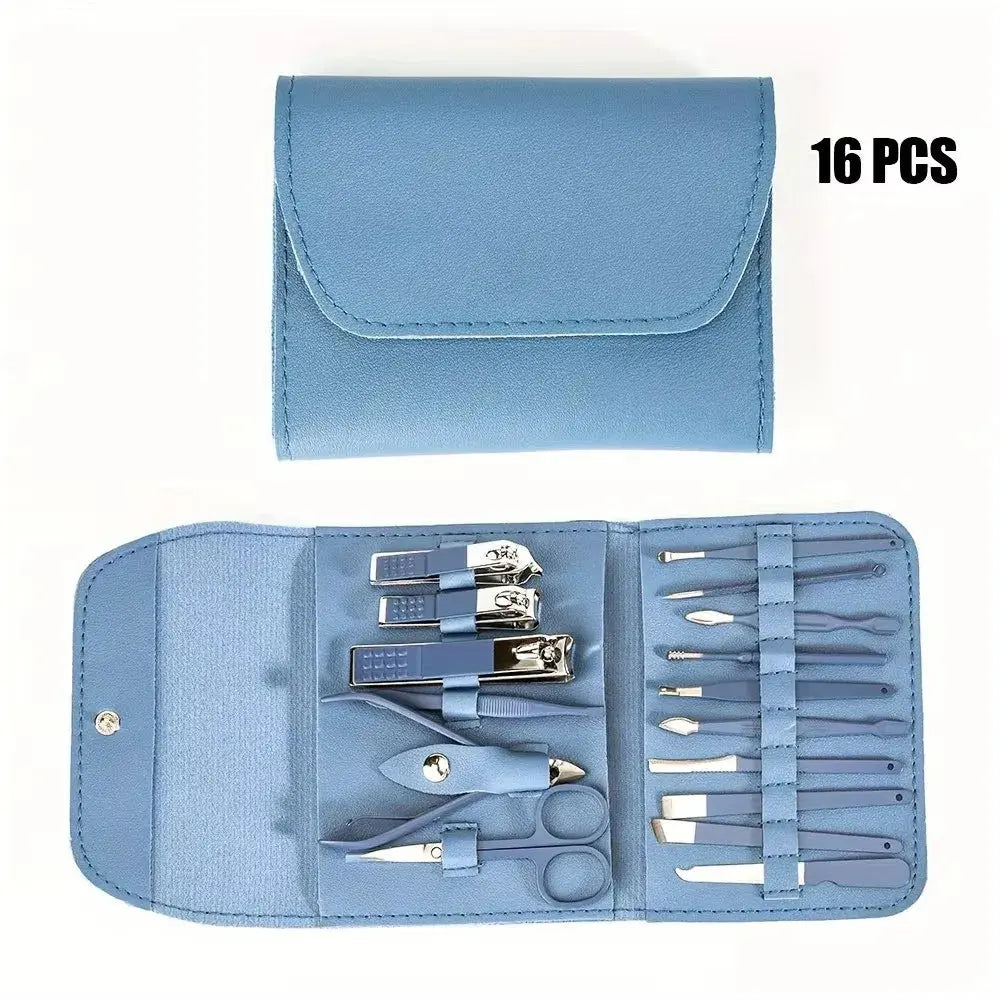 Blue nail tool set pouch open, showing 16 stainless steel manicure tools