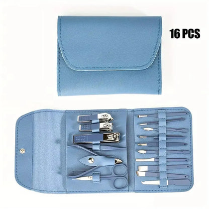 Blue nail tool set pouch open, showing 16 stainless steel manicure tools