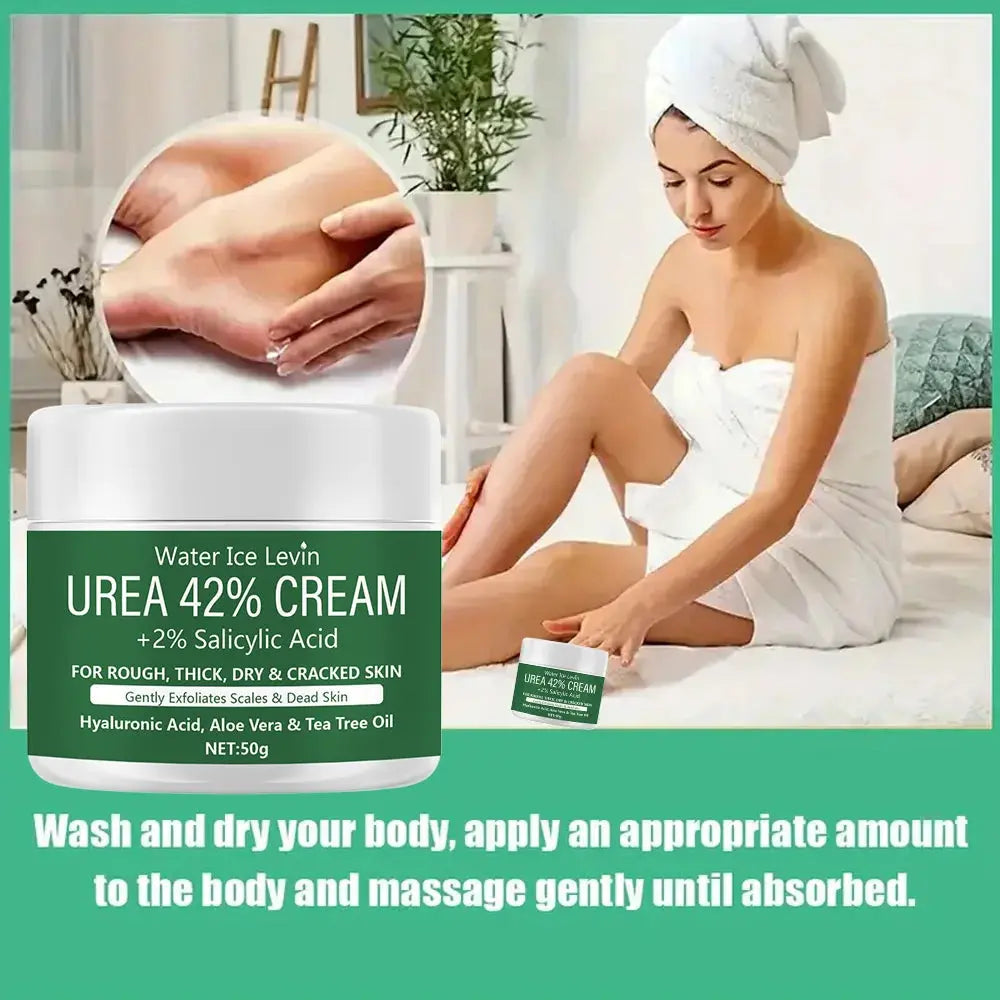 Urea 42% cream jar with 2% salicylic acid label on countertop, 50g.
