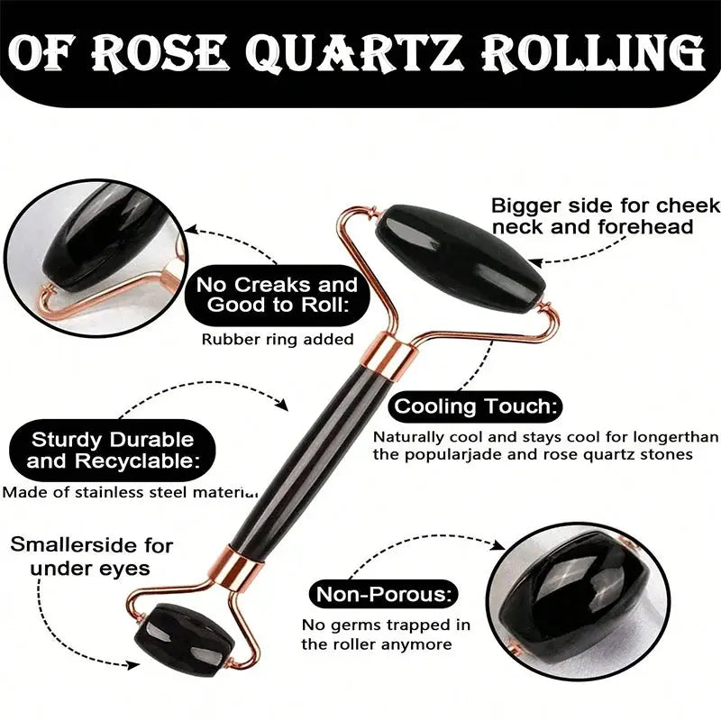 Black stainless-steel facial roller with rose-gold details and two small roller heads