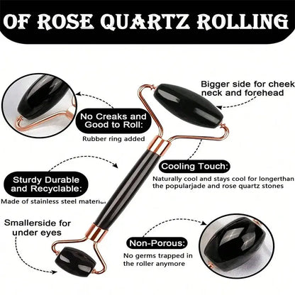 Black stainless-steel facial roller with rose-gold details and two small roller heads