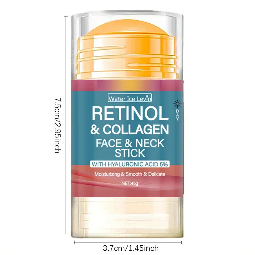 Retinol & Collagen face and neck stick, gold cap, teal-and-maroon label, clear base.