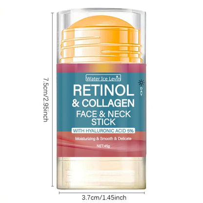 Retinol & Collagen face and neck stick, gold cap, teal-and-maroon label, clear base.