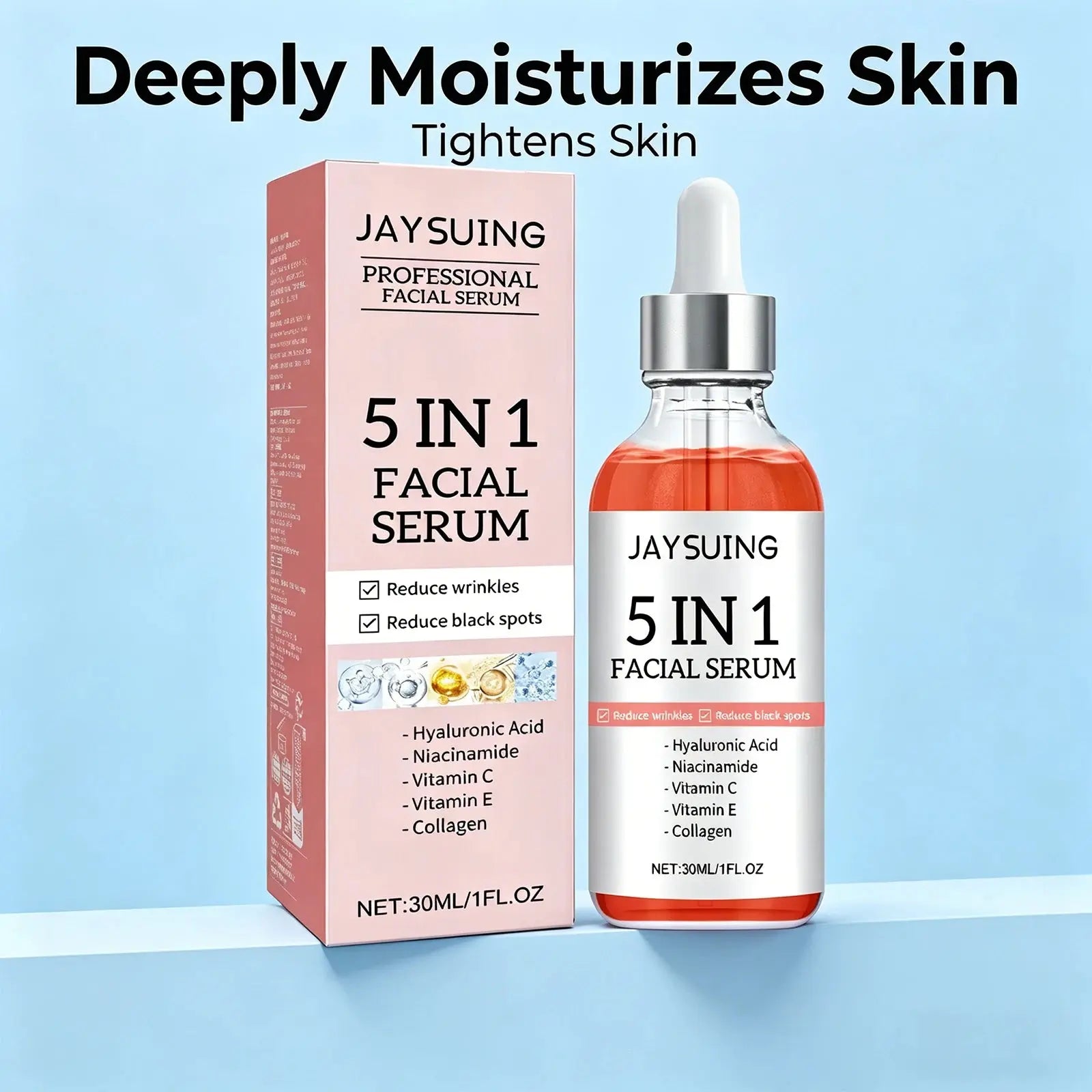 JAYSUING 5-in-1 facial serum bottle and carton, 30ml, blue background