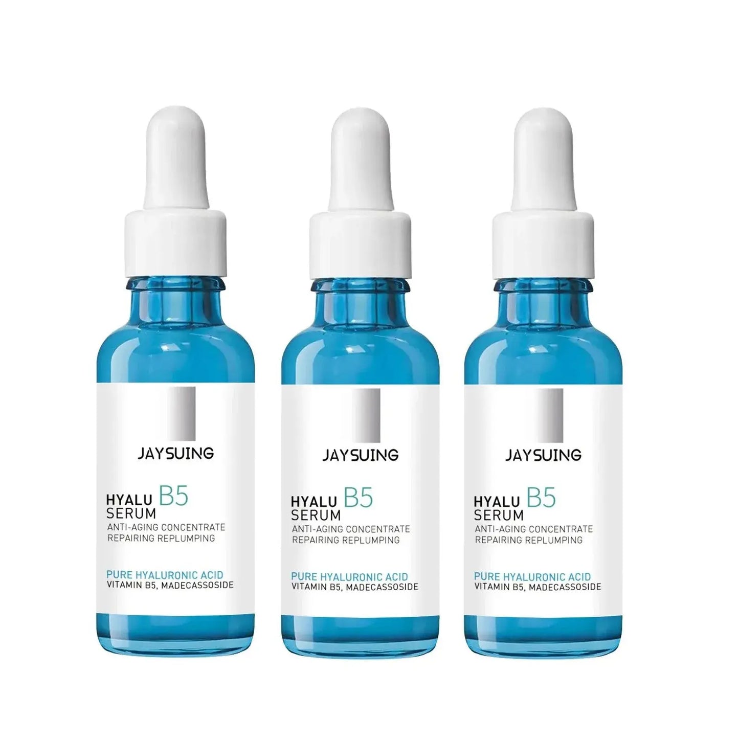 Three hyaluronic acid facial serum bottles with white dropper caps and blue glass bodies