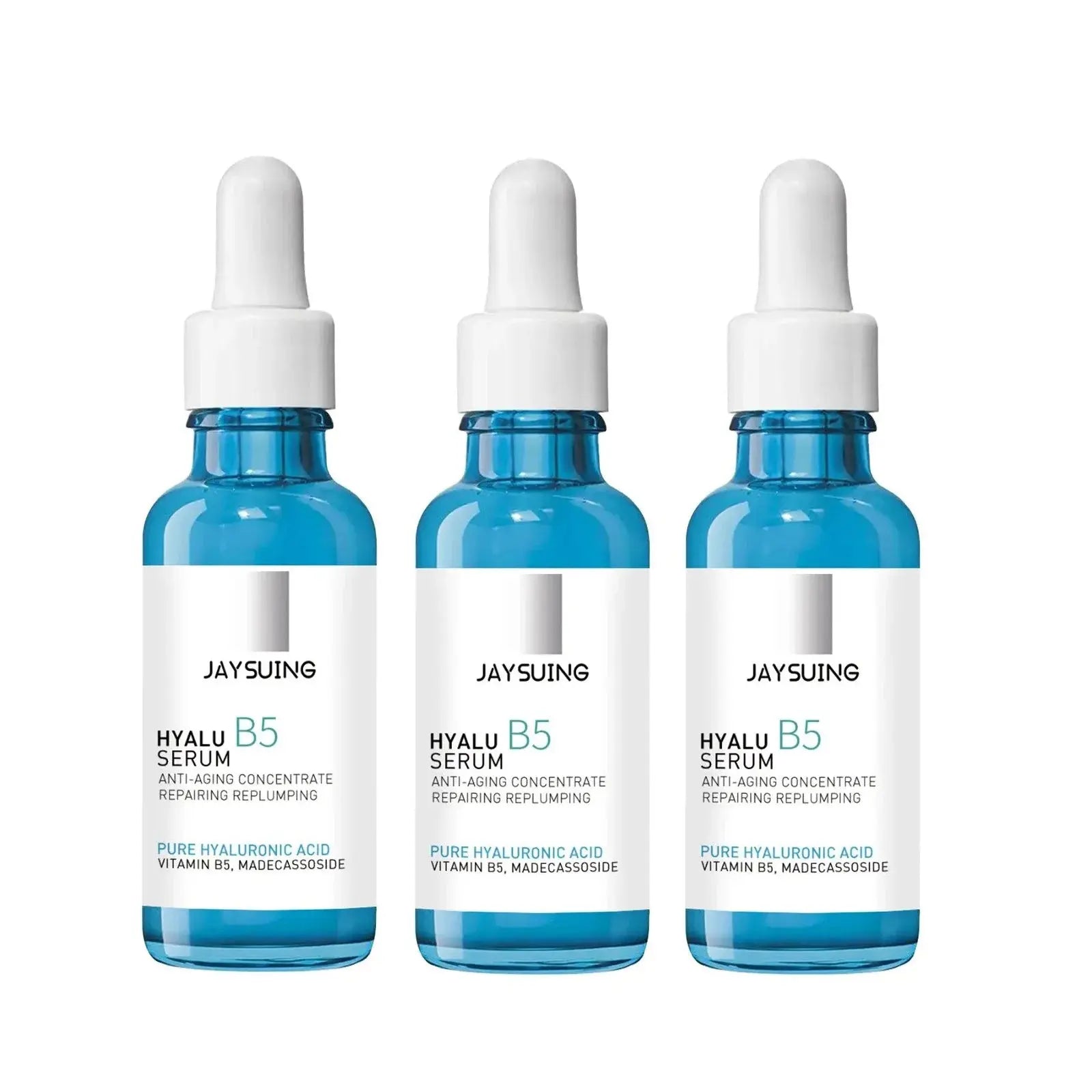 Three hyaluronic acid facial serum bottles with white dropper caps and blue glass bodies