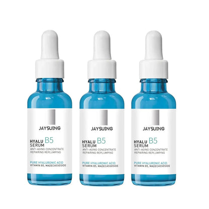 Three hyaluronic acid facial serum bottles with white dropper caps and blue glass bodies