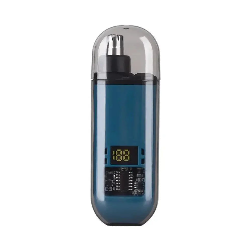 USB rechargeable nose hair trimmer in blue translucent shell with metal top