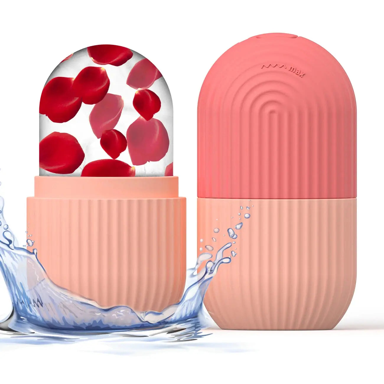 Pink silicone face ice cube mold with red ice cubes in open top