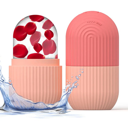 Pink silicone face ice cube mold with red ice cubes in open top