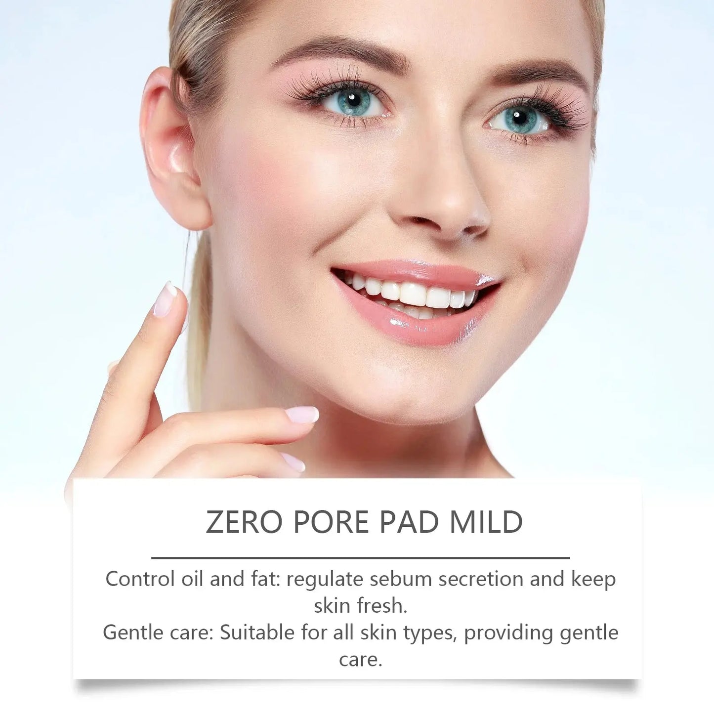 Facial toner pads: woman holding a white pad to her cheek, close-up