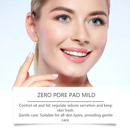 Facial toner pads: woman holding a white pad to her cheek, close-up