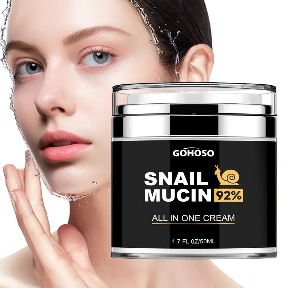 Snail mucin all-in-one cream jar beside woman's face with light cream dots