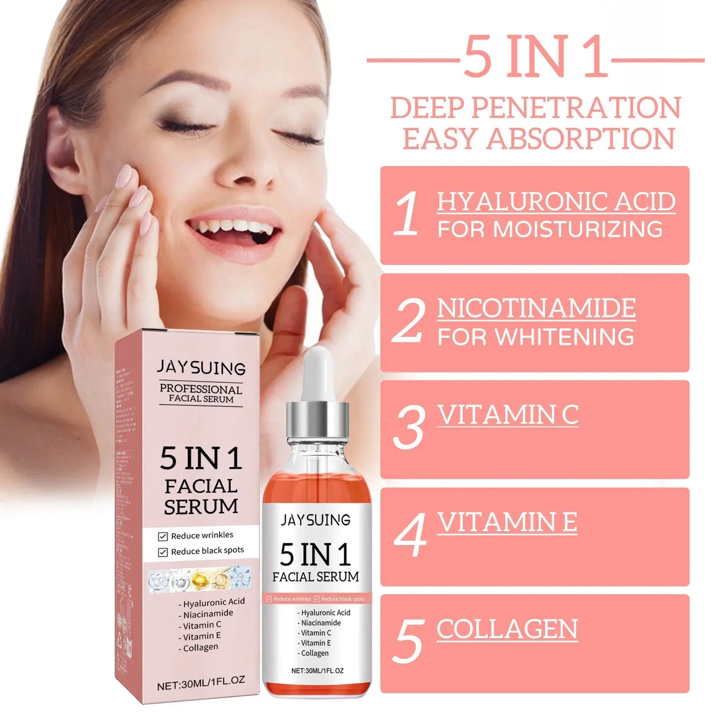 5-in-1 facial serum bottle with dropper and boxed package, 30ml