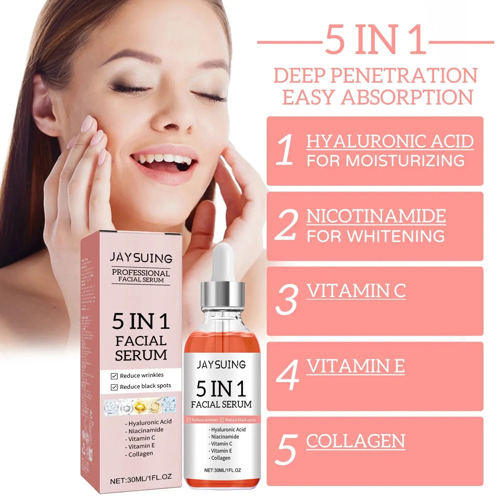 5-in-1 facial serum bottle with dropper and boxed package, 30ml