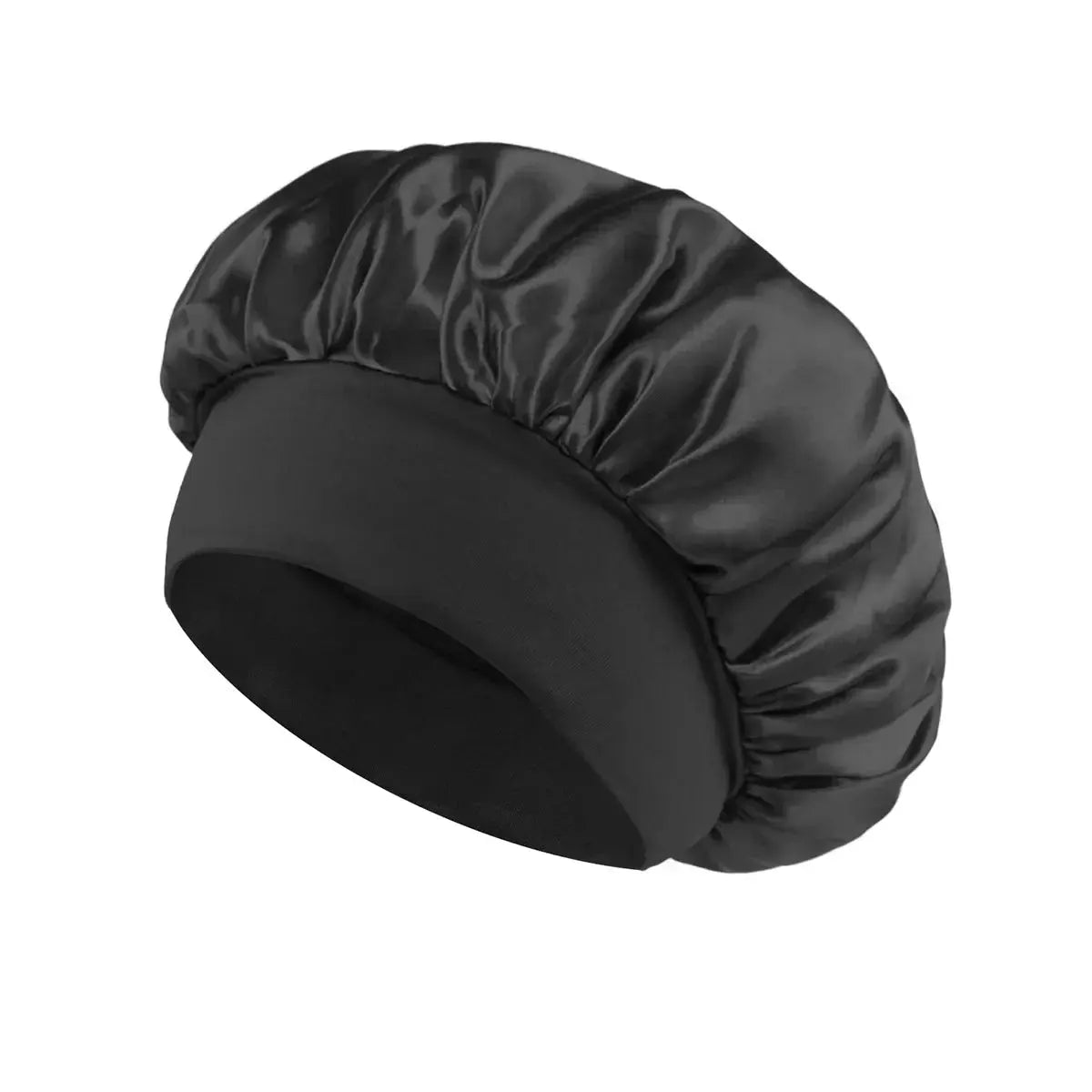 Black satin sleep bonnet with wide brim and elastic band.