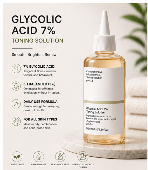 Clarevive glycolic acid 7% toning solution bottle with white nozzle and amber liquid