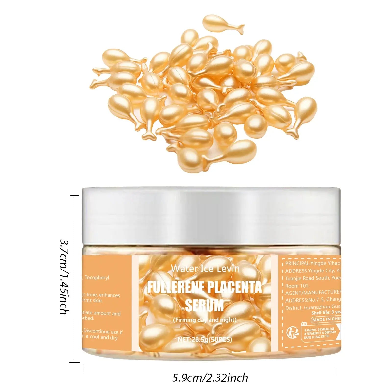 Fullerene placenta serum jar with gold capsule beads and side sizing indicators