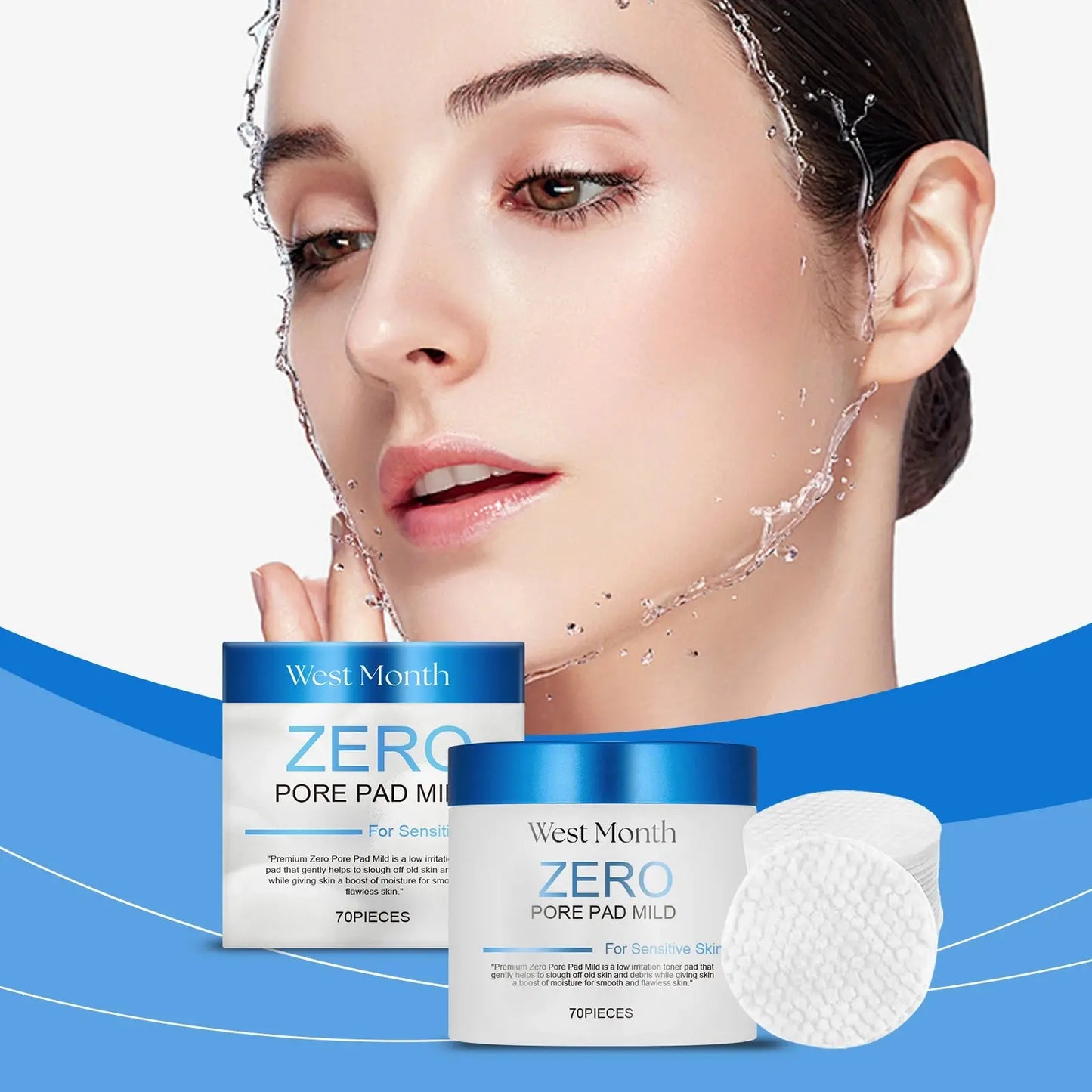 Facial toner pads: two blue-and-white boxes with one white pad