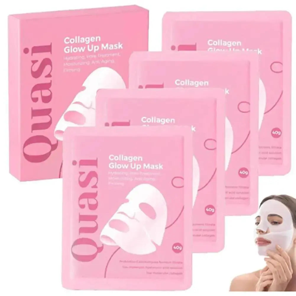3 pink collagen glow-up mask sachets stacked, featuring face graphic and “40g” label.