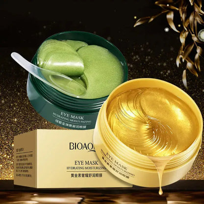 Two eye mask gel jars: green and gold, both open with gel