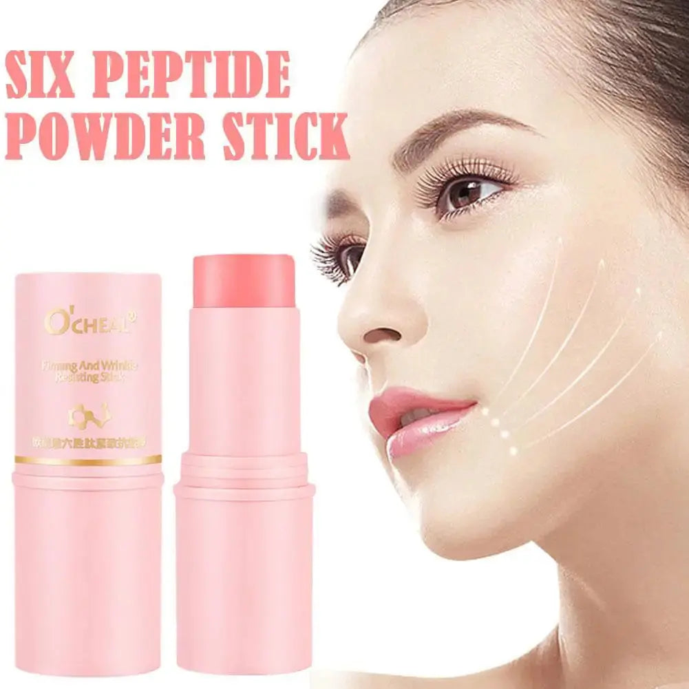Pink O'CHEAL balm stick with cap beside face profile, skincare smoothing line marks