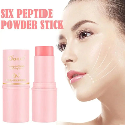 Pink O'CHEAL balm stick with cap beside face profile, skincare smoothing line marks