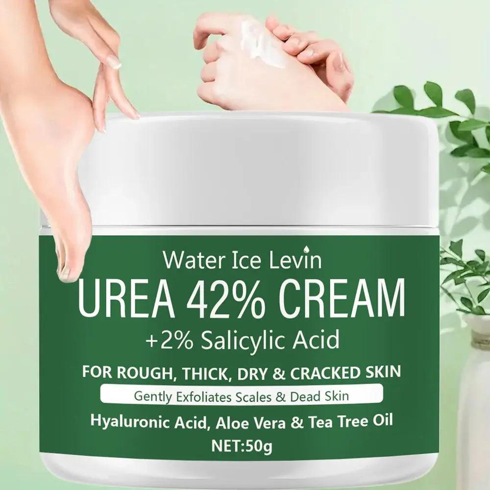 Urea 42% cream jar with 2% salicylic acid label, green front, 50g.