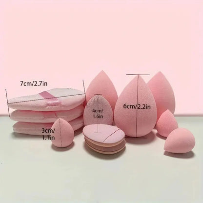 Makeup sponge set with egg-shaped sponges, shown with size measurements.