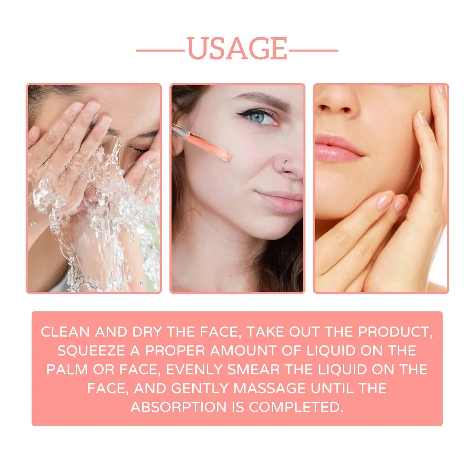 Facial serum applied to skin, shown with dropper and smooth spreading