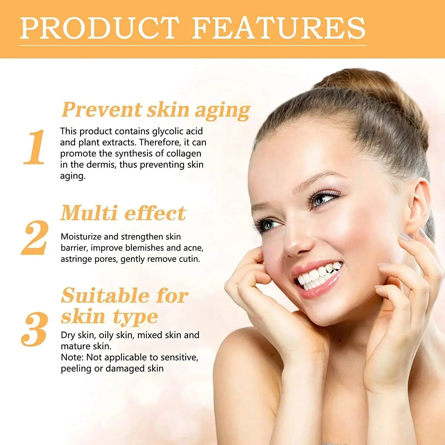 Glycolic acid 7% toning solution shown with woman applying skincare near face