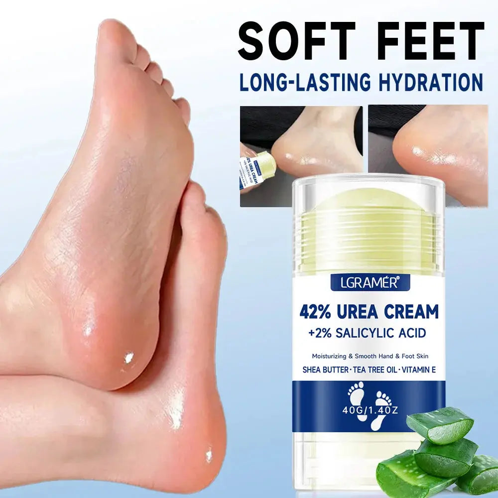 LGRAMER 42% urea foot cream jar with 2% salicylic acid beside a bare foot