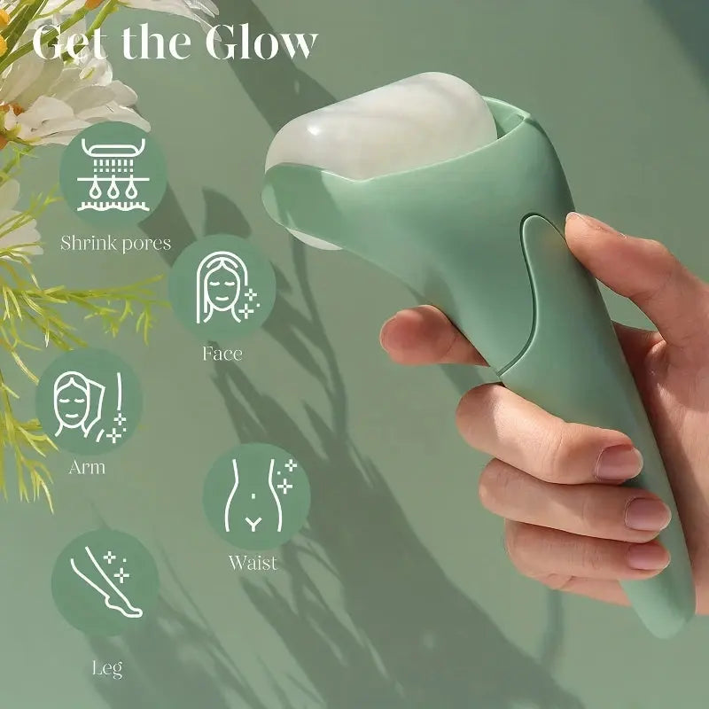 Mint handheld facial ice roller with frosty cooling head for face and eye massage