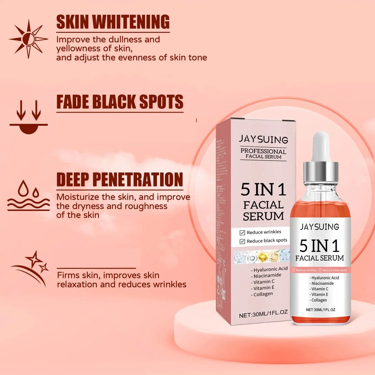 5-in-1 facial serum bottle with dropper, boxed packaging for brightening