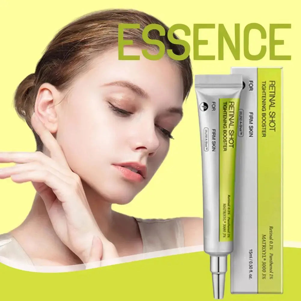 Skincare cream tubes beside woman face with hand at neck