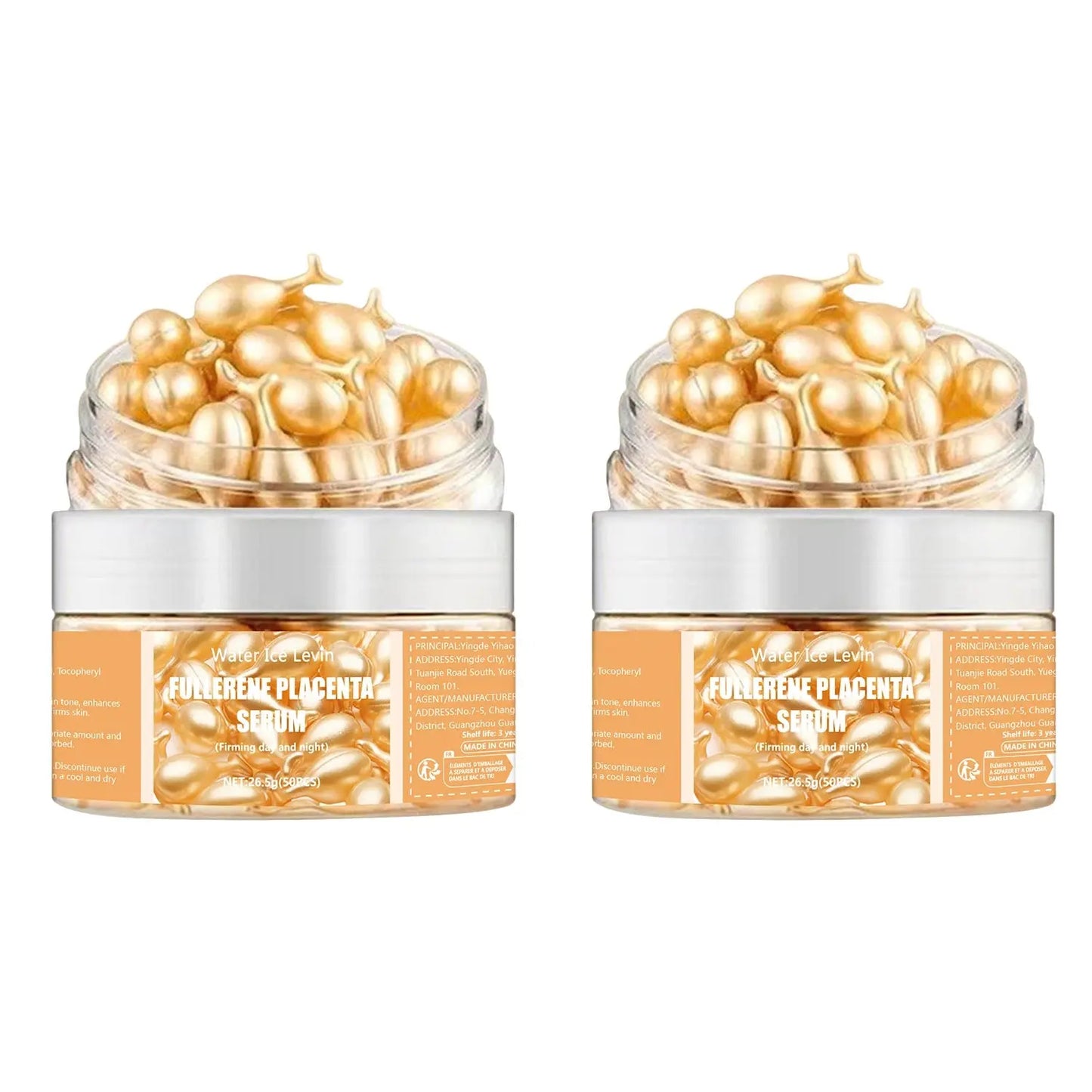 Pair of fullerene placenta serum jars with white caps and gold capsule beads visible