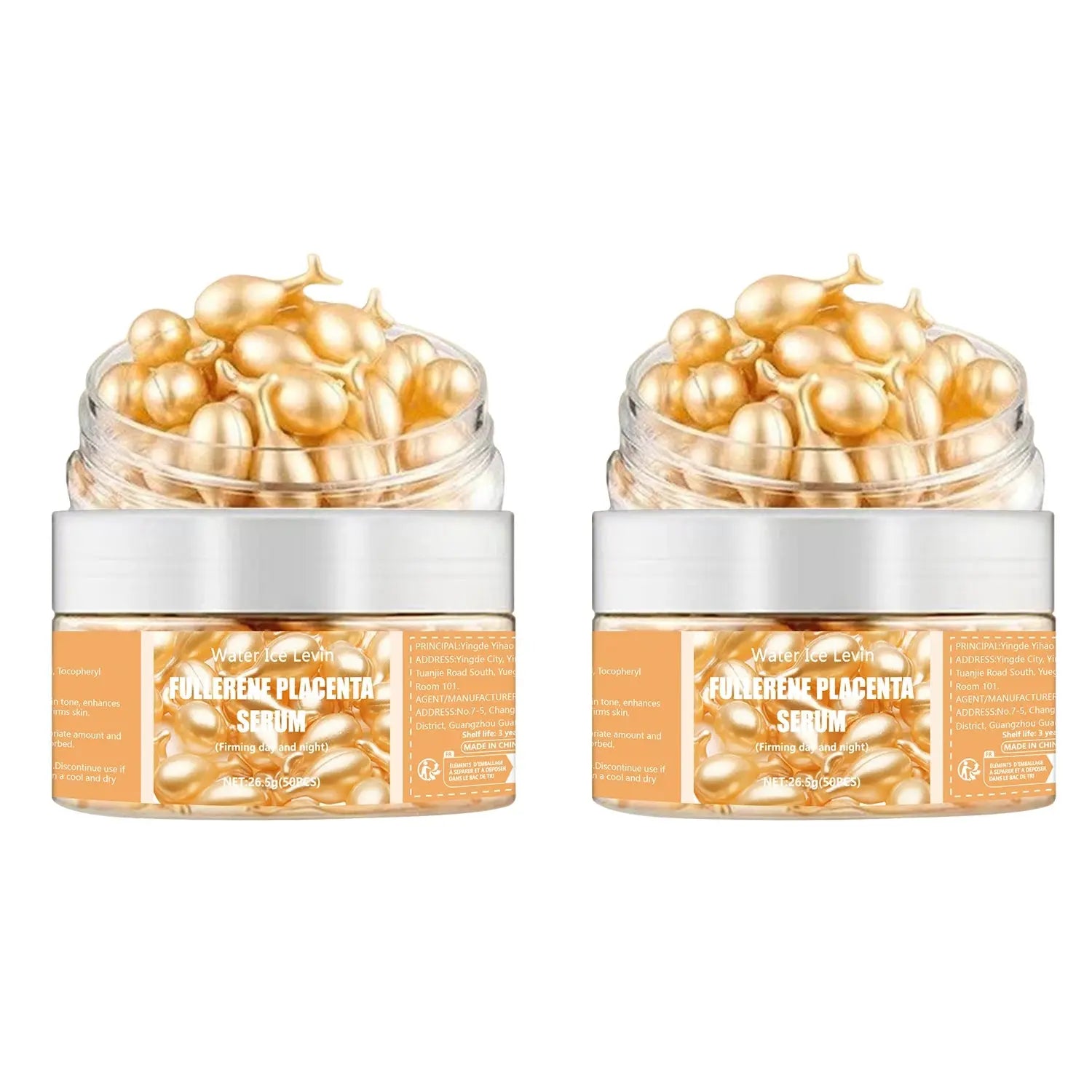 Pair of fullerene placenta serum jars with white caps and gold capsule beads visible