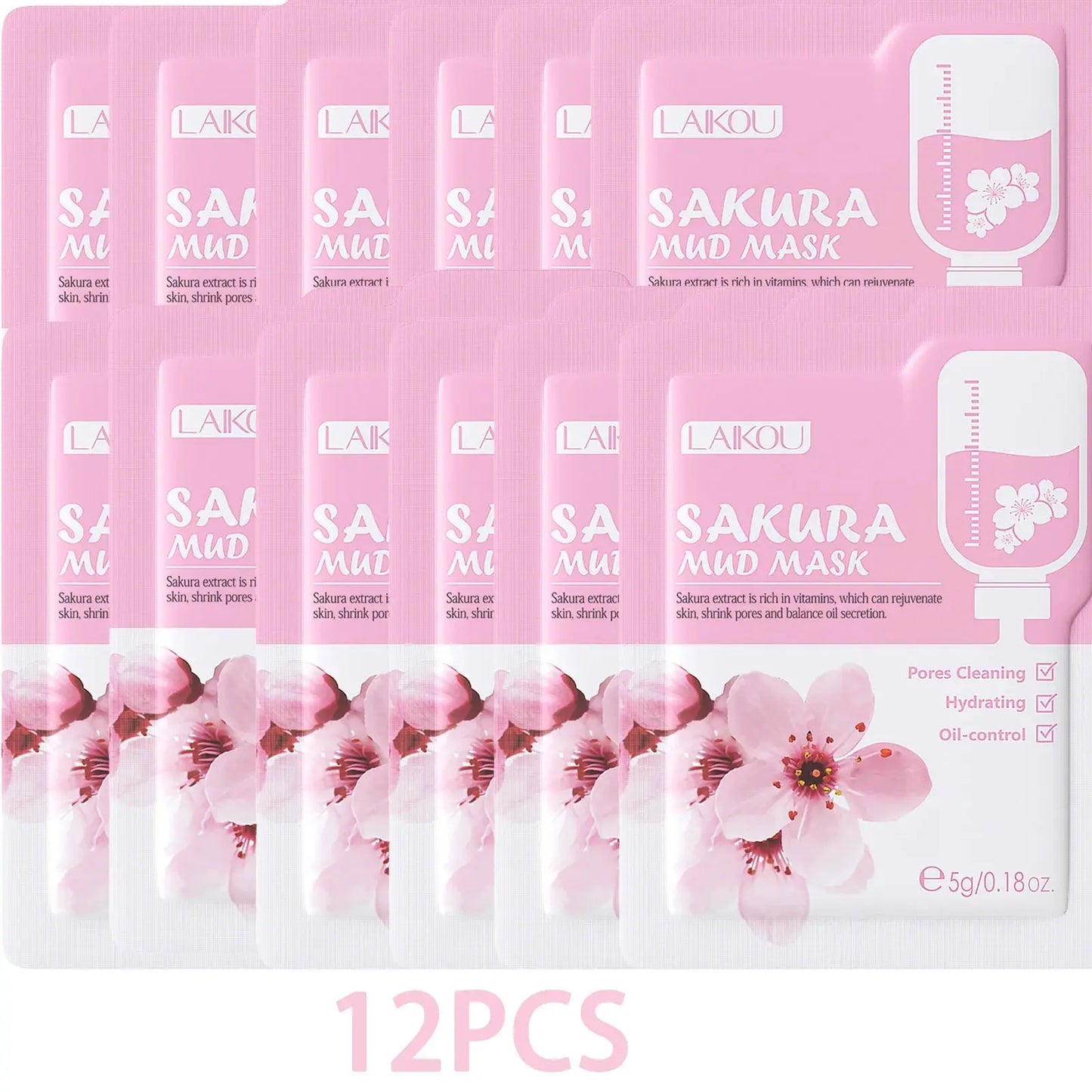 12-pack Sakura mud mask sachets, pink and white floral face mask packaging, 5g each