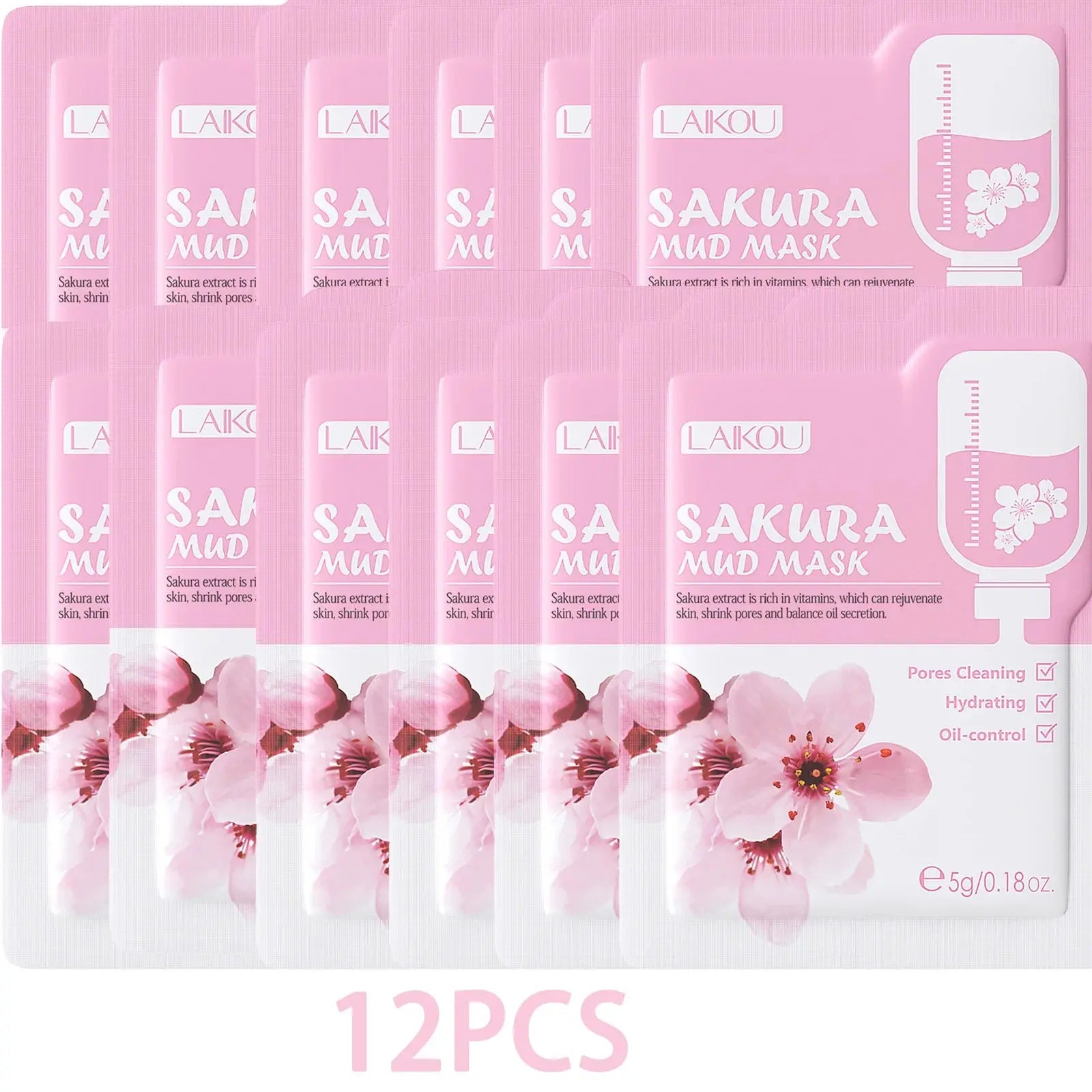 12-pack Sakura mud mask sachets, pink and white floral face mask packaging, 5g each