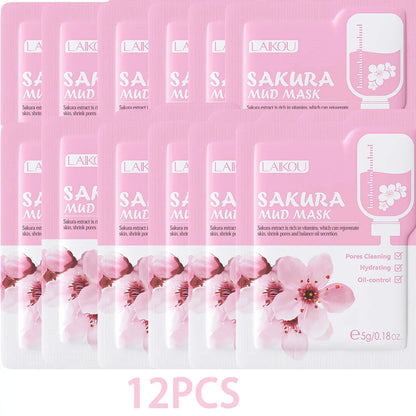 12-pack Sakura mud mask sachets, pink and white floral face mask packaging, 5g each