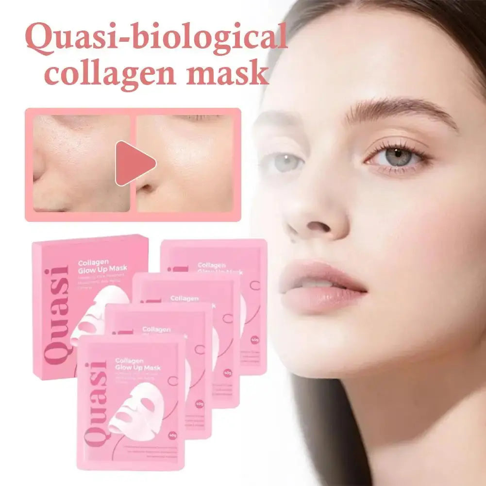 Quasi-biological collagen glow-up mask face care setup with pink mask packs and close-up.