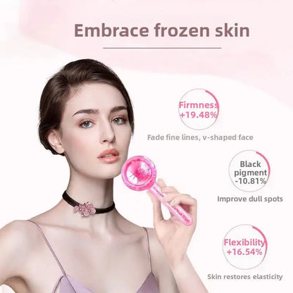 Pink ice crystal ball facial roller held near face for cooling massage, 1 tool