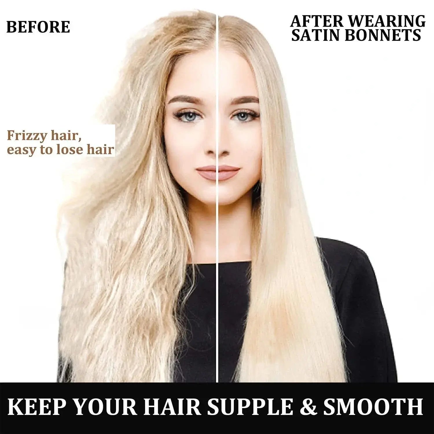 Satin hair bonnet for sleeping, dark wide-brim style on long hair.