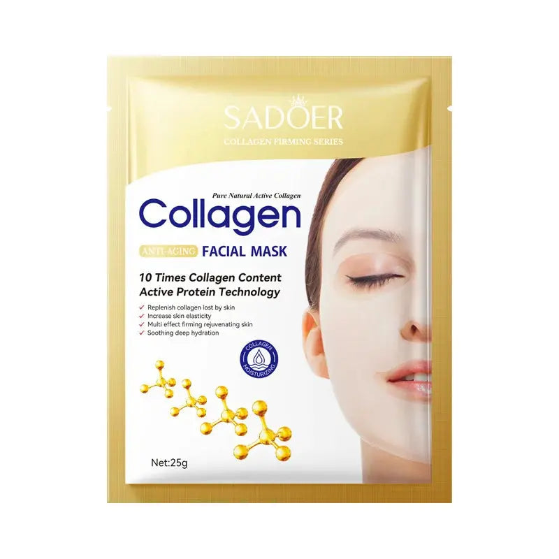 Single Collagen facial mask packet in gold and white, includes net weight label