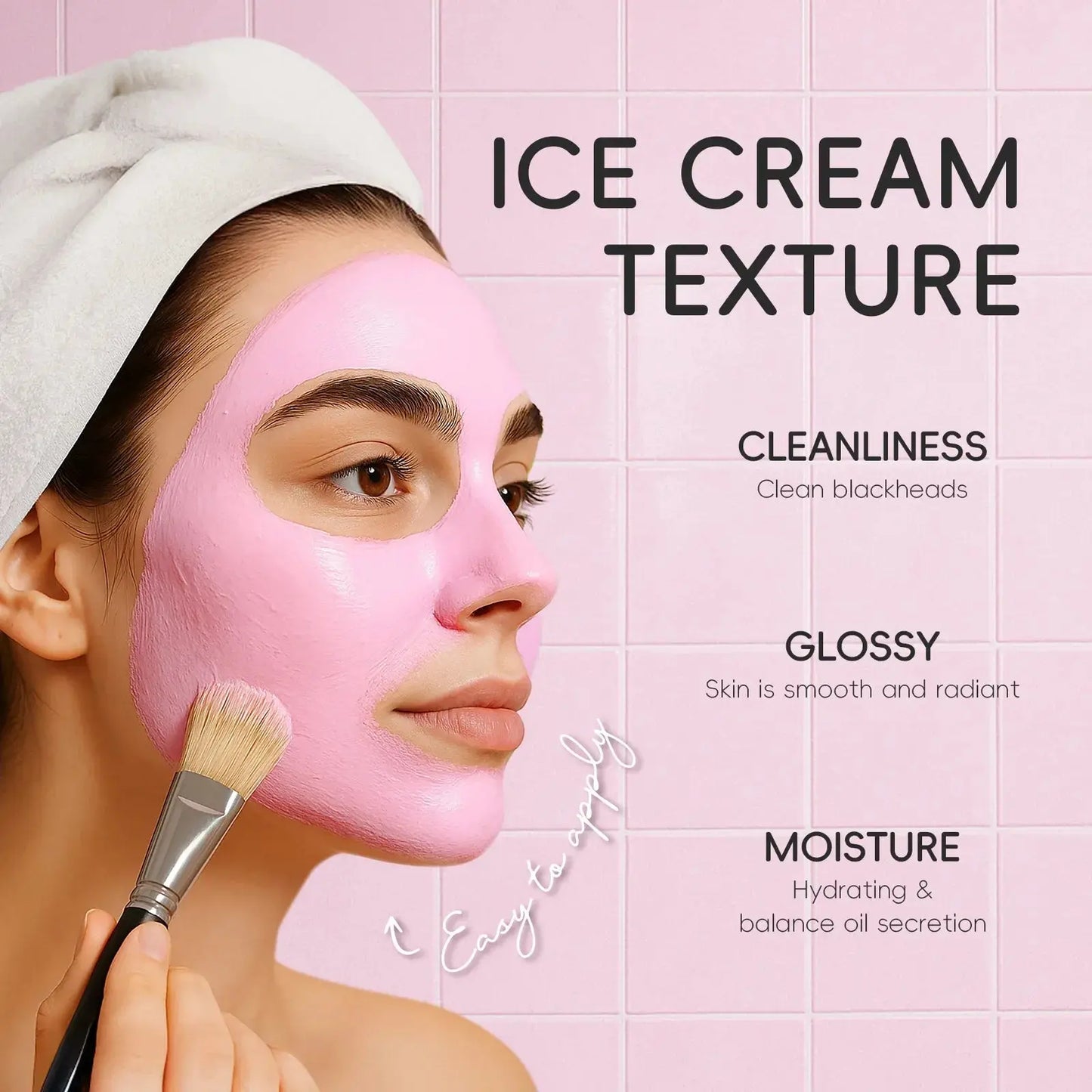 Pink face mud mask sheet concept with brush application and skincare text blocks