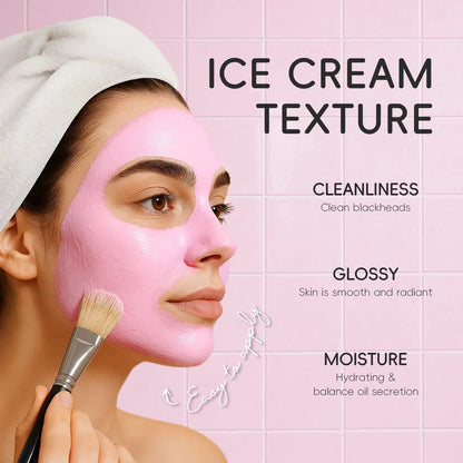Pink face mud mask sheet concept with brush application and skincare text blocks