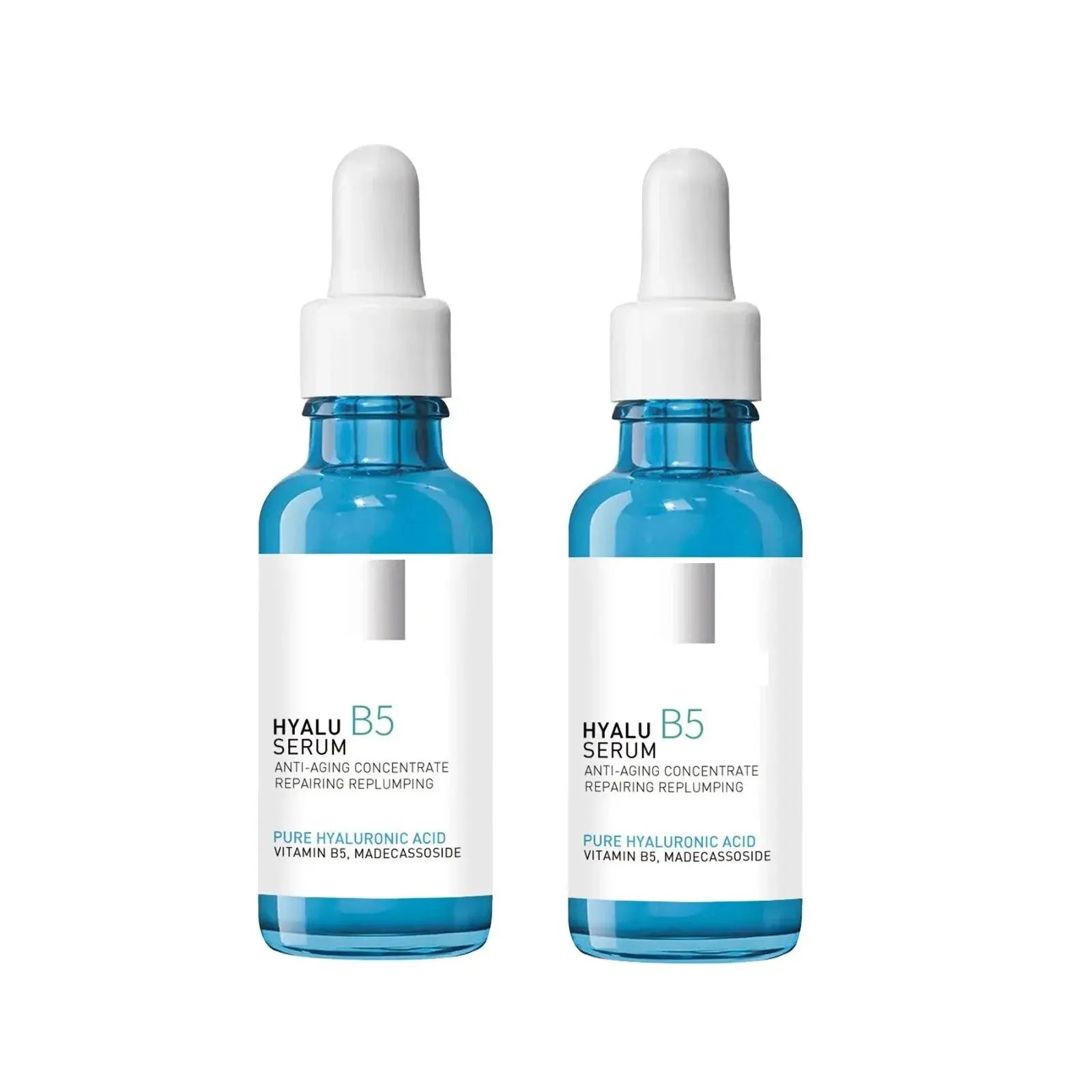 Two Hyalu B5 serum bottles with blue droppers and white caps