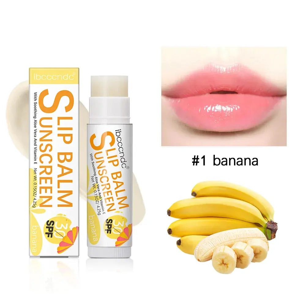 Banana lip balm SPF 30 stick with glossy lips and banana fruit